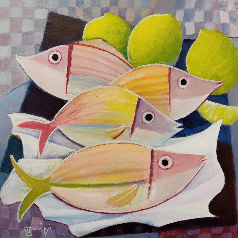 Painting AQ 31 Poissons et citrons by Burgi Roger | Painting Figurative Still-life Acrylic