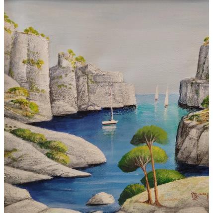 Peinture AQ 46 Calanque aux 3 bateaux par Burgi Roger | Tableau Figuratif Acrylique Marine, Nature, Paysages