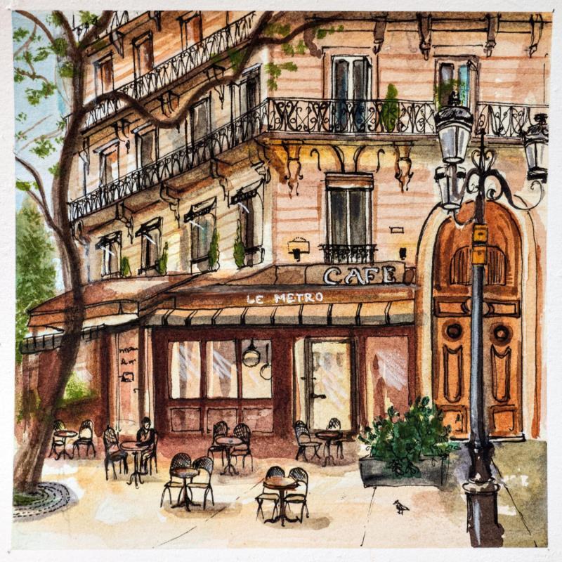 Gemälde Café parisien Le Métro  von Sorokopud Angelina | Gemälde Realismus Urban Aquarell