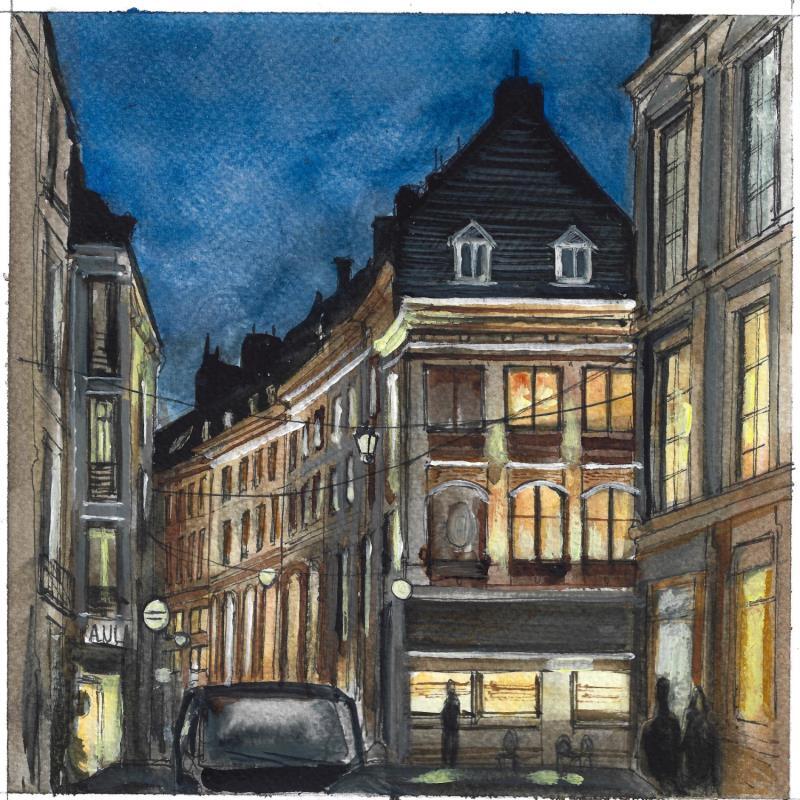 Peinture Les illuminations tardives de Lille par Sorokopud Angelina | Tableau Réalisme Urbain Aquarelle