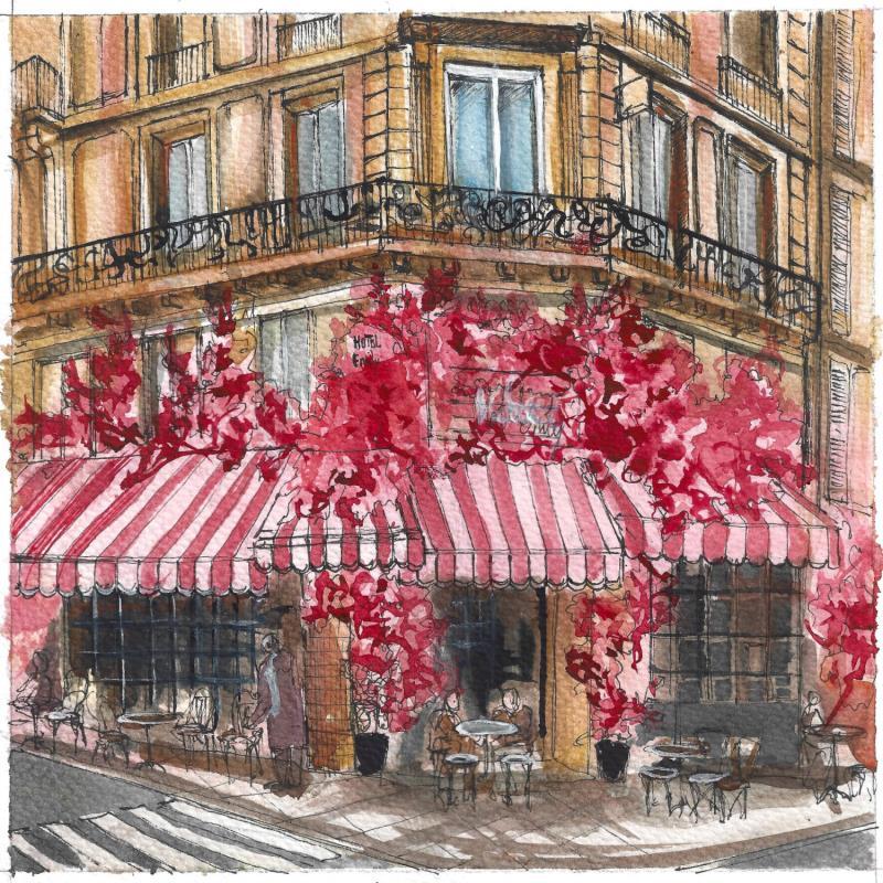 Peinture Café fleuri par Sorokopud Angelina | Tableau Réalisme Aquarelle Urbain