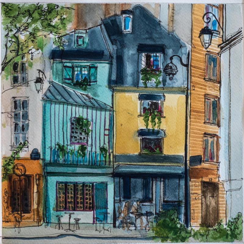 Peinture Maisons turquoises par Sorokopud Angelina | Tableau Réalisme Aquarelle Urbain