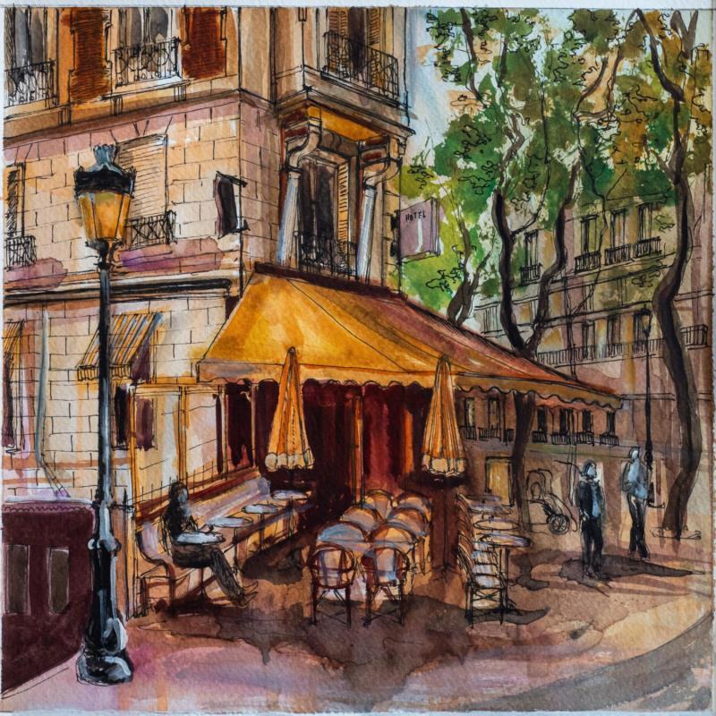 Peinture Café parisien au soleil par Sorokopud Angelina | Tableau Réalisme Aquarelle Urbain