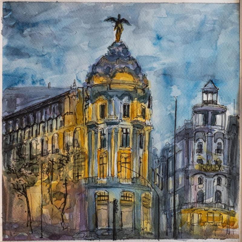 Peinture La Gran Via de Madrid par Sorokopud Angelina | Tableau Réalisme Aquarelle Urbain
