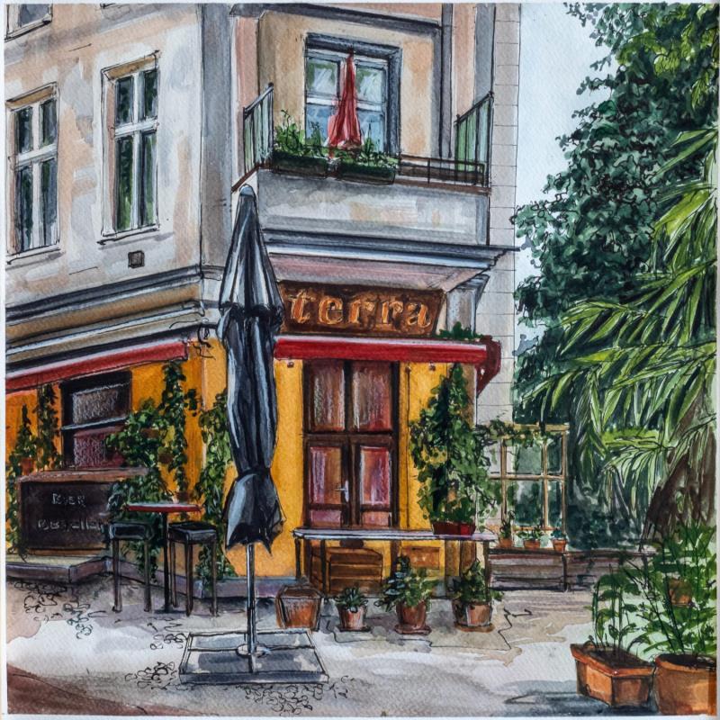 Gemälde Café berlinois à l'abris des regards von Sorokopud Angelina | Gemälde Realismus Urban Aquarell
