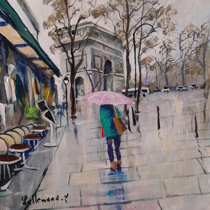 Peinture Les Champs Elysee sous la pluie et arc de Triomphe par Lallemand Yves | Tableau Figuratif Urbain Acrylique
