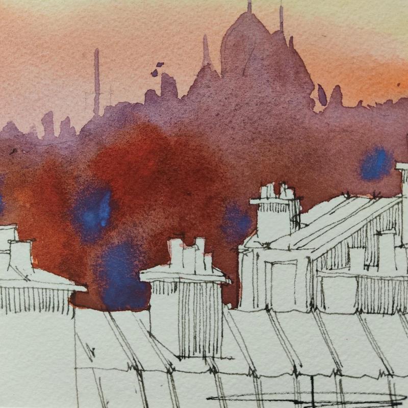Painting Skyline Montmartre by Bailly Kévin  | Painting Figurative Ink, Watercolor Architecture, Urban