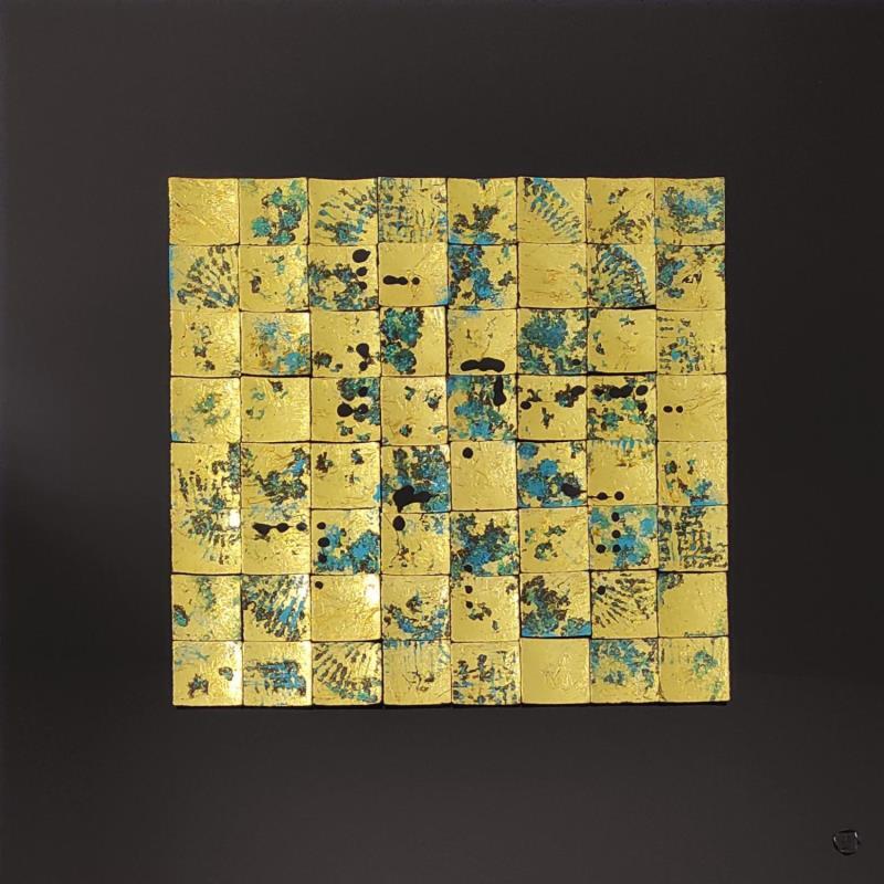 Gemälde Blue Pearl von Bauquel Véronique | Gemälde Abstrakt Minimalistisch Holz Metall Collage Harz Lack