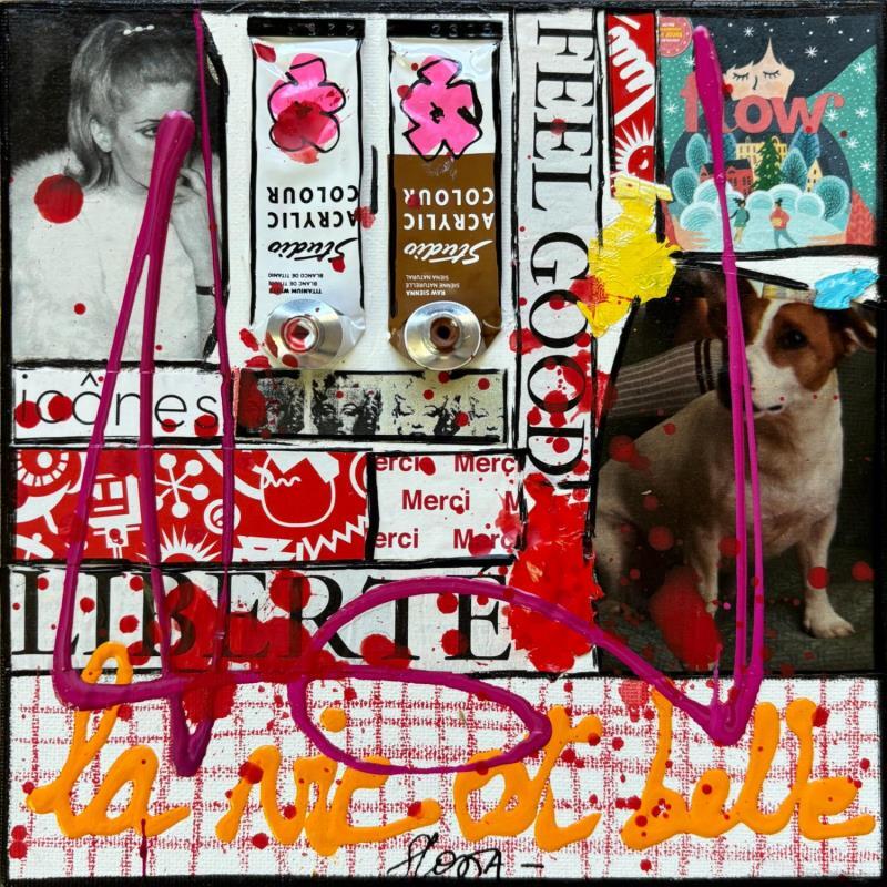 Peinture La vie est belle ! (dog) par Costa Sophie | Tableau Pop-art Icones Pop Acrylique Collage Upcycling