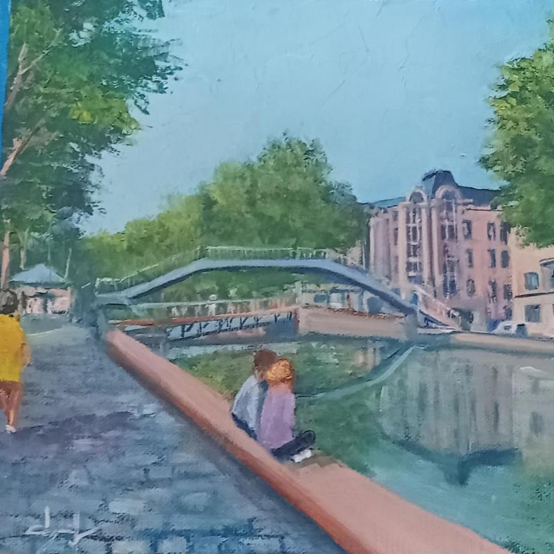 Gemälde Petite pause au bord du canal Saint Martin à Paris von Degabriel Véronique | Gemälde Figurativ Landschaften Urban Alltagsszenen Öl