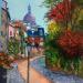 Peinture Petite rue fleurie de montmartre par Degabriel Véronique | Tableau Figuratif Paysages Urbain Scènes de vie Huile