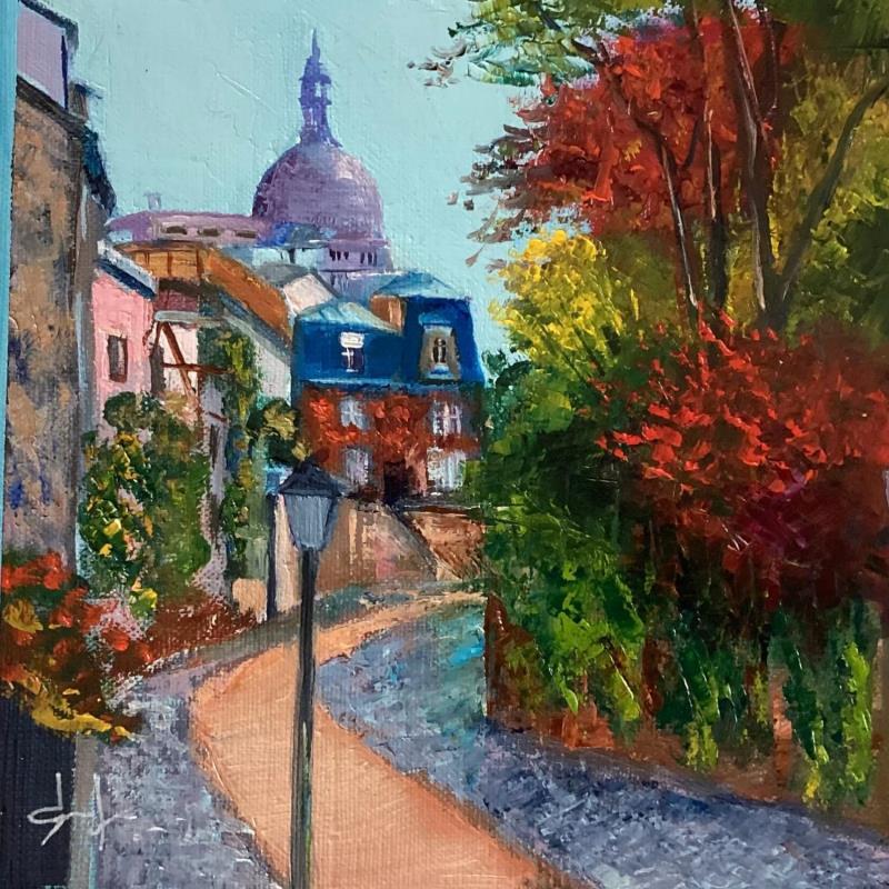 Painting Petite rue fleurie de montmartre by Degabriel Véronique | Painting Figurative Landscapes Urban Life style Oil