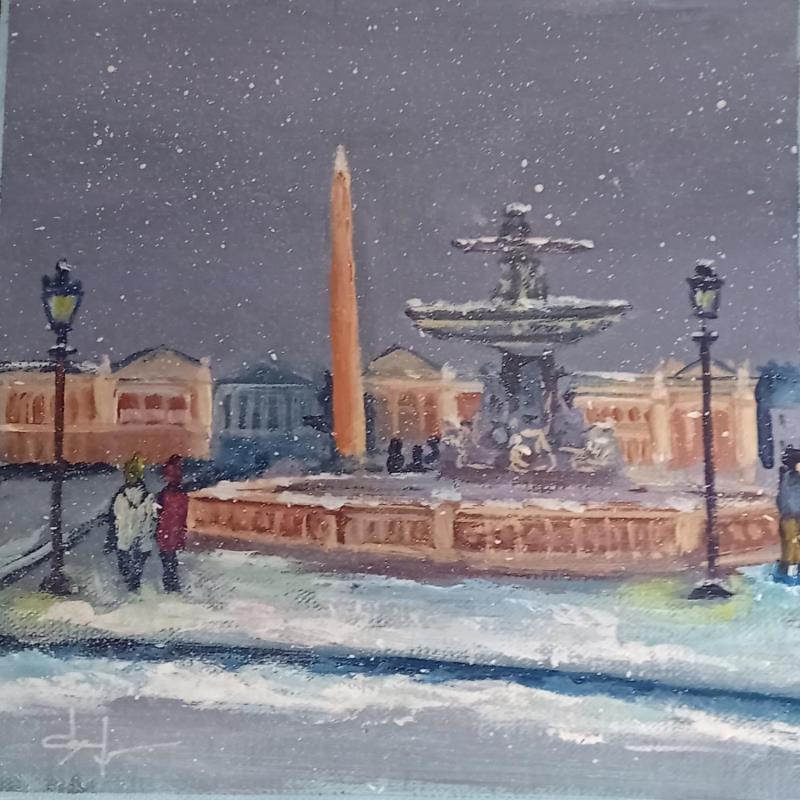Painting Soirée neigeuse Place Vendôme  by Degabriel Véronique | Painting Figurative Landscapes Urban Life style Oil