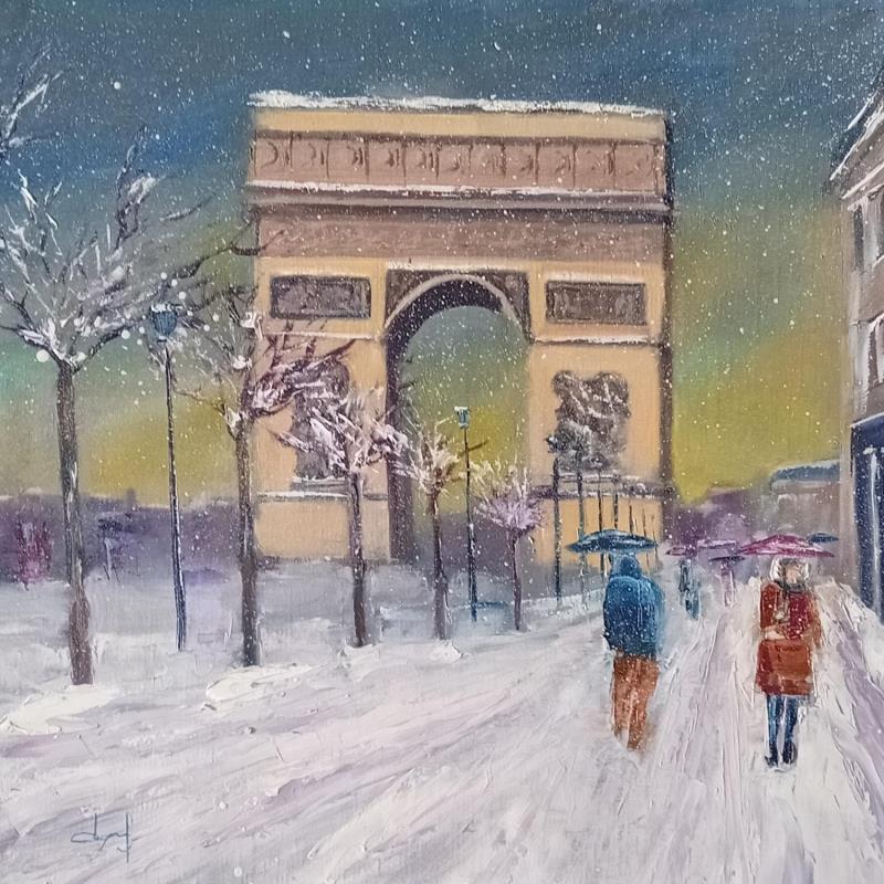 Peinture Superbe!il neige à Paris  par Degabriel Véronique | Tableau Figuratif Paysages Urbain Scènes de vie Huile
