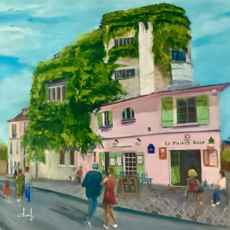 Peinture On prend un verre à la terrasse de la maison rose par Degabriel Véronique | Tableau Figuratif Paysages Urbain Scènes de vie Huile