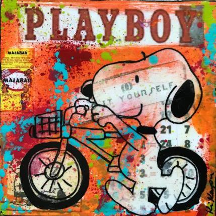 Gemälde Snoopy bike von Kikayou | Gemälde Pop-Art Acryl, Collage, Graffiti Pop-Ikonen