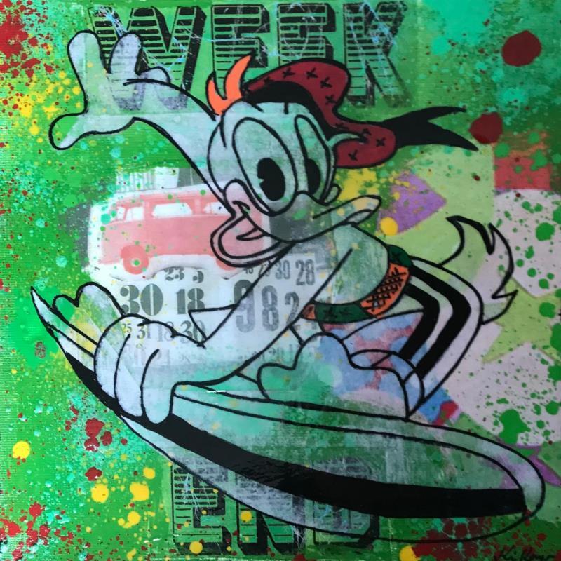 Gemälde Donald surfing von Kikayou | Gemälde Pop-Art Pop-Ikonen Graffiti Acryl Collage
