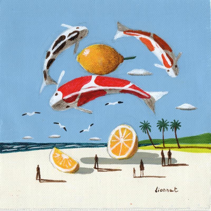 Gemälde Carpes aux citrons von Lionnet Pascal | Gemälde Surrealismus Acryl Alltagsszenen, Marine, Tiere