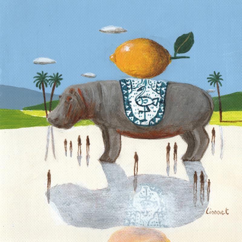 Peinture  Hippopotame au citron par Lionnet Pascal | Tableau Surréalisme Acrylique Animaux, Paysages, Scènes de vie