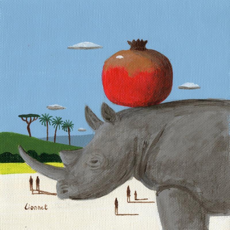 Peinture Rhinocéros à la grenade par Lionnet Pascal | Tableau Surréalisme Paysages Scènes de vie Animaux Acrylique