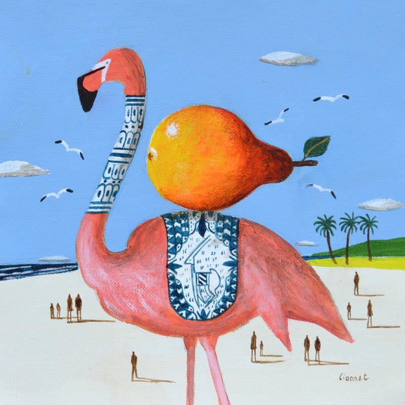 Gemälde Flamant rose à la poire von Lionnet Pascal | Gemälde Surrealismus Marine Alltagsszenen Tiere Acryl