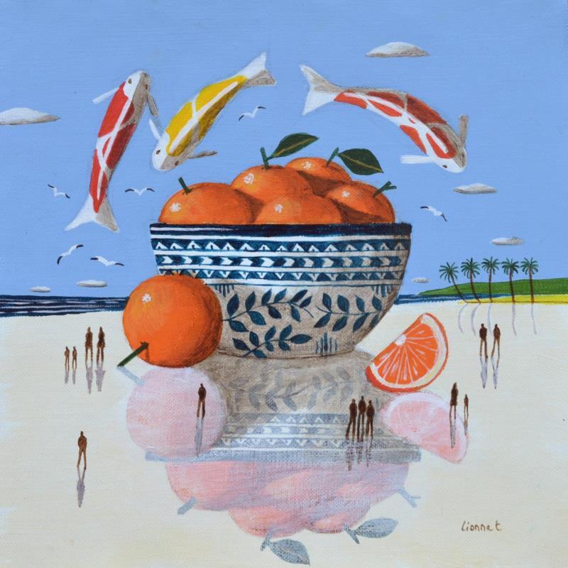 Painting oranges et carpes by Lionnet Pascal | Painting Surrealism Marine Life style Still-life Acrylic