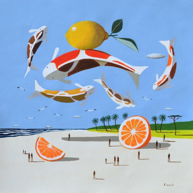 Peinture Carpes au citron par Lionnet Pascal | Tableau Surréalisme Marine Scènes de vie Animaux Acrylique