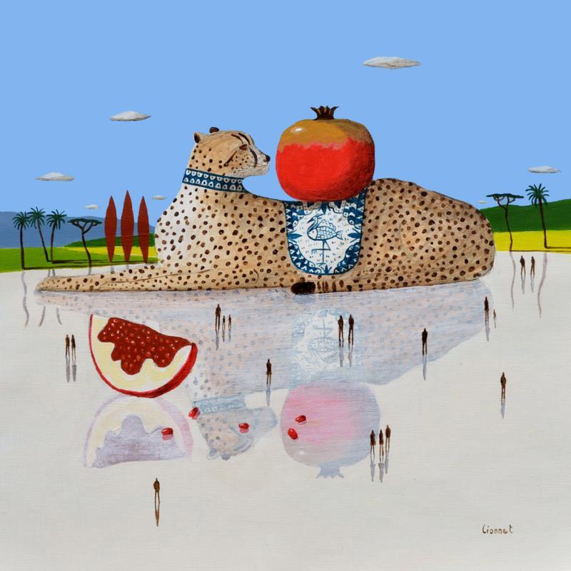 Peinture Guépard aux grenades par Lionnet Pascal | Tableau Surréalisme Paysages Scènes de vie Animaux Acrylique