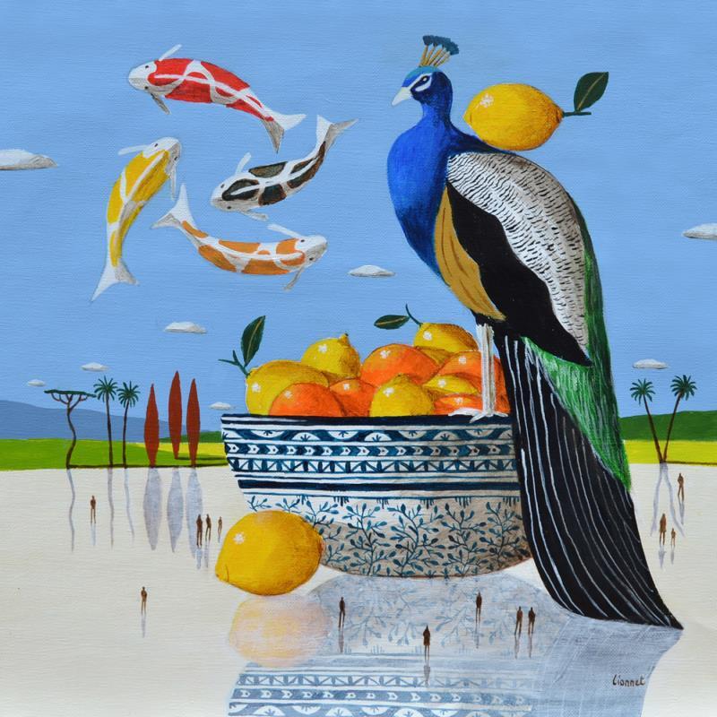 Painting  Paon aux carpes by Lionnet Pascal | Painting Surrealism Acrylic Animals, Life style, Still-life