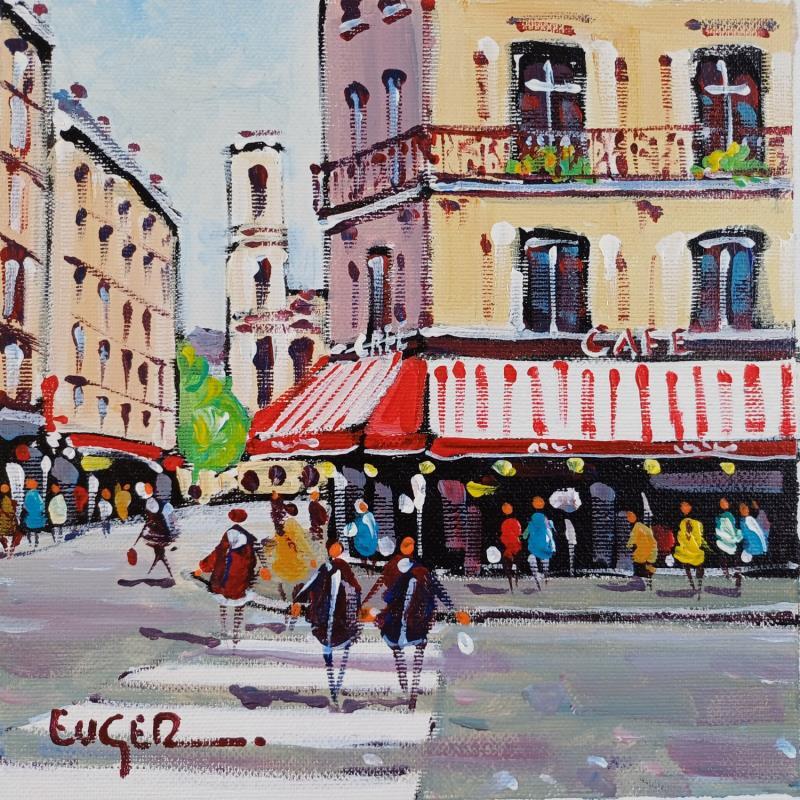 Peinture CAFE PRES DE L'EGLISE SAINT SULPICE A PARIS par Euger | Tableau Figuratif Société Urbain Scènes de vie Carton Acrylique