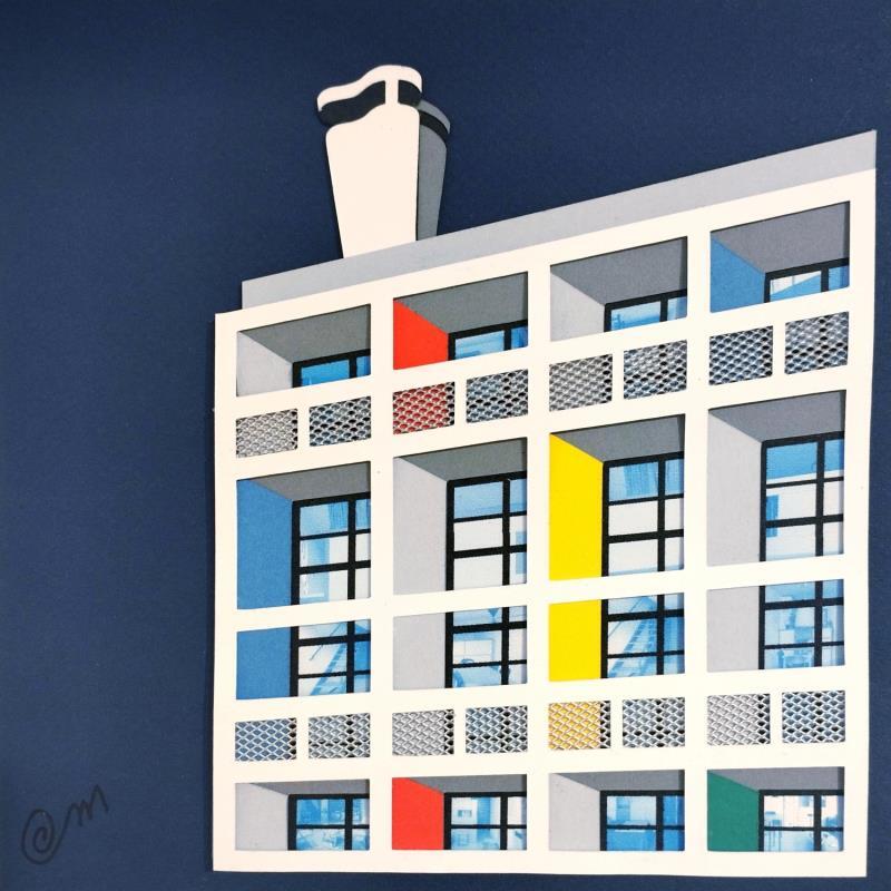 Gemälde UH Bleu nuit von Marek | Gemälde Materialismus Urban Architektur Minimalistisch Pappe Acryl Collage