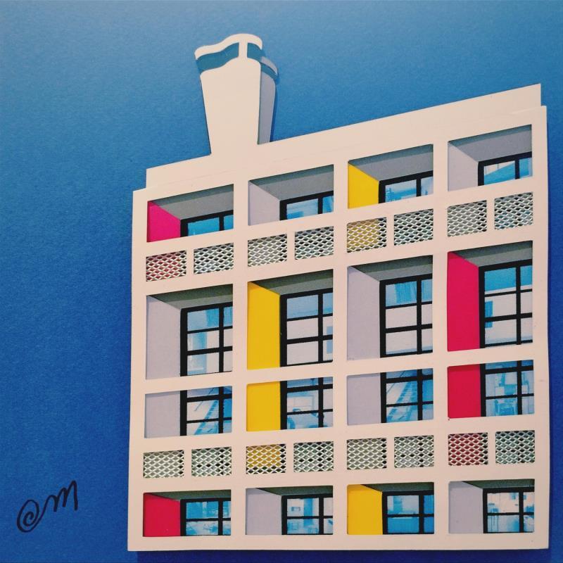Painting Le Corbusier  by Marek | Painting Subject matter Urban Architecture Minimalist Cardboard Acrylic Gluing