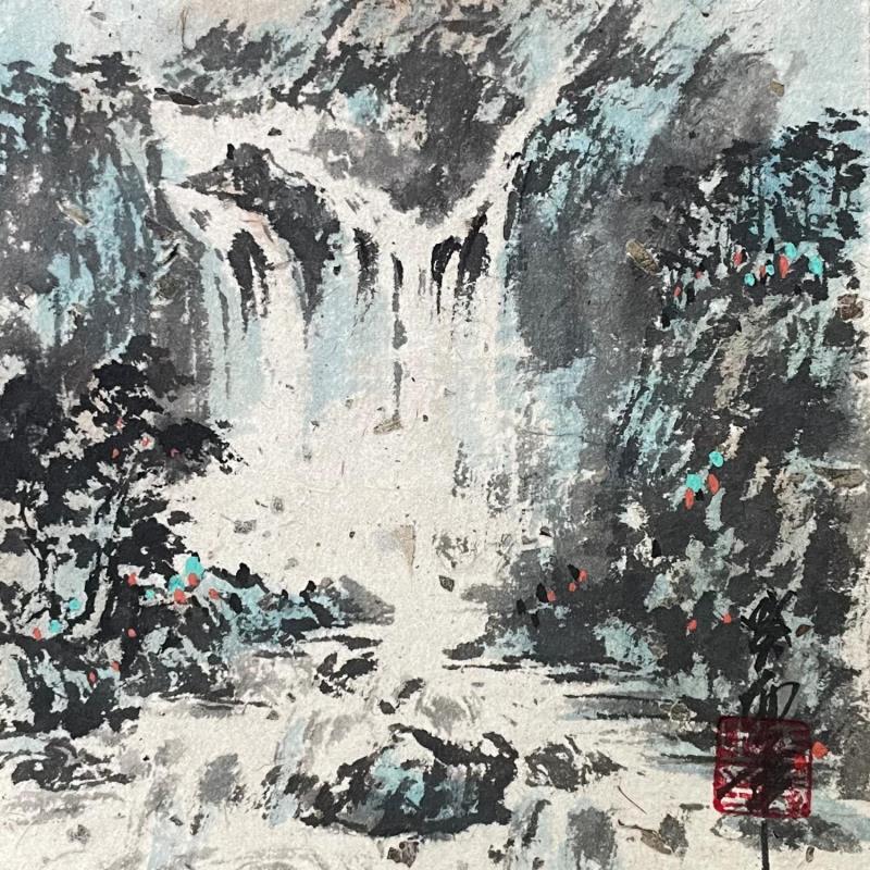 Painting Waterfall by Yu Huan Huan | Painting Figurative Ink Black & White, Nature