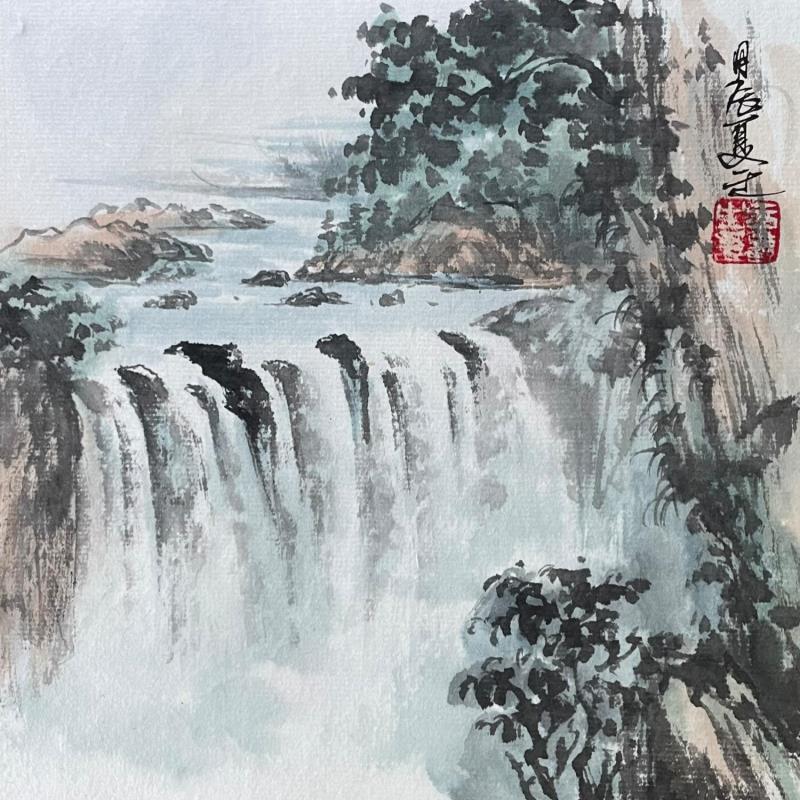 Painting Waterfall by Yu Huan Huan | Painting Figurative Landscapes Black & White Ink