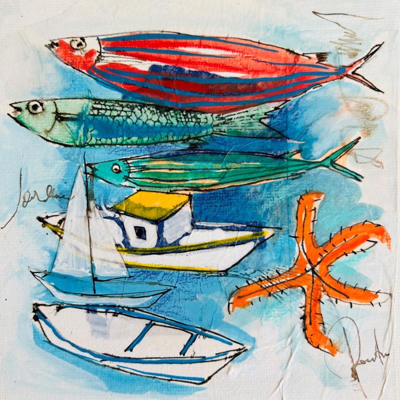 Gemälde Etoiles et sardines von Colombo Cécile | Gemälde Figurativ Marine Alltagsszenen Aquarell Acryl Collage Tinte Pastell
