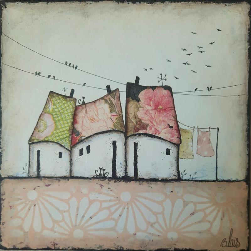 Gemälde La maison aux chats von Blais Delphine | Gemälde Naive Kunst Landschaften Acryl Collage