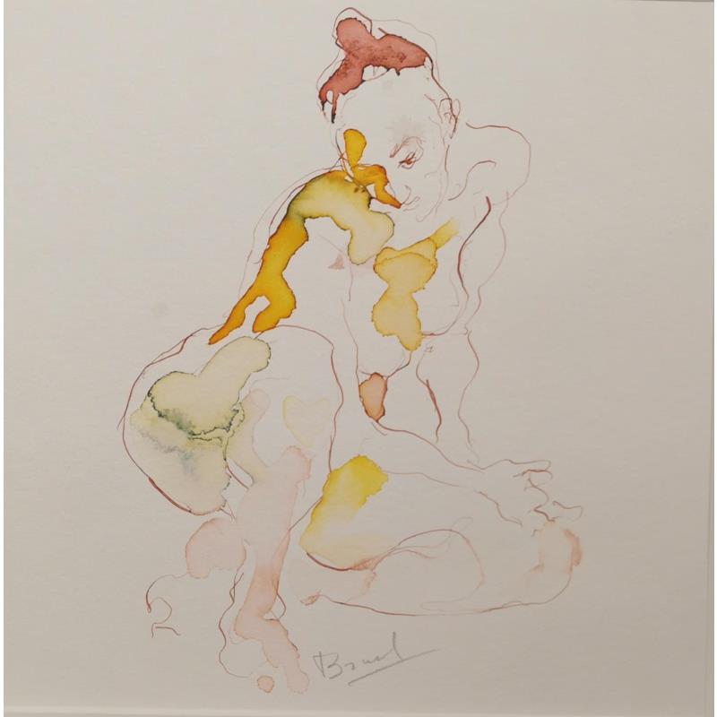 Painting Charlotte accroupie by Brunel Sébastien | Painting Figurative Nude Watercolor