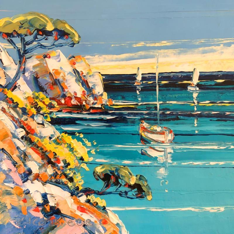 Painting Visite dans les calanques by Corbière Liisa | Painting Figurative Landscapes Marine Oil