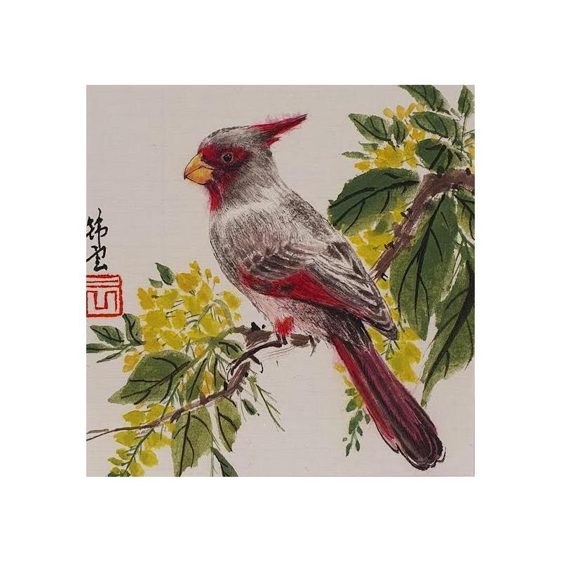 Peinture Cardinal pyrrhuloxia par Tayun | Tableau Figuratif Encre Animaux