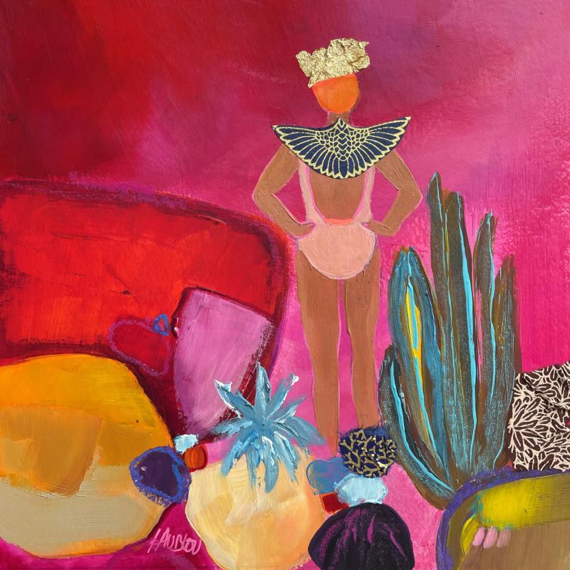 Gemälde Femme dans l'oasis von Lau Blou | Gemälde Abstrakt Acryl, Blattgold, Collage, Pappe, Pastell Pop-Ikonen, Porträt