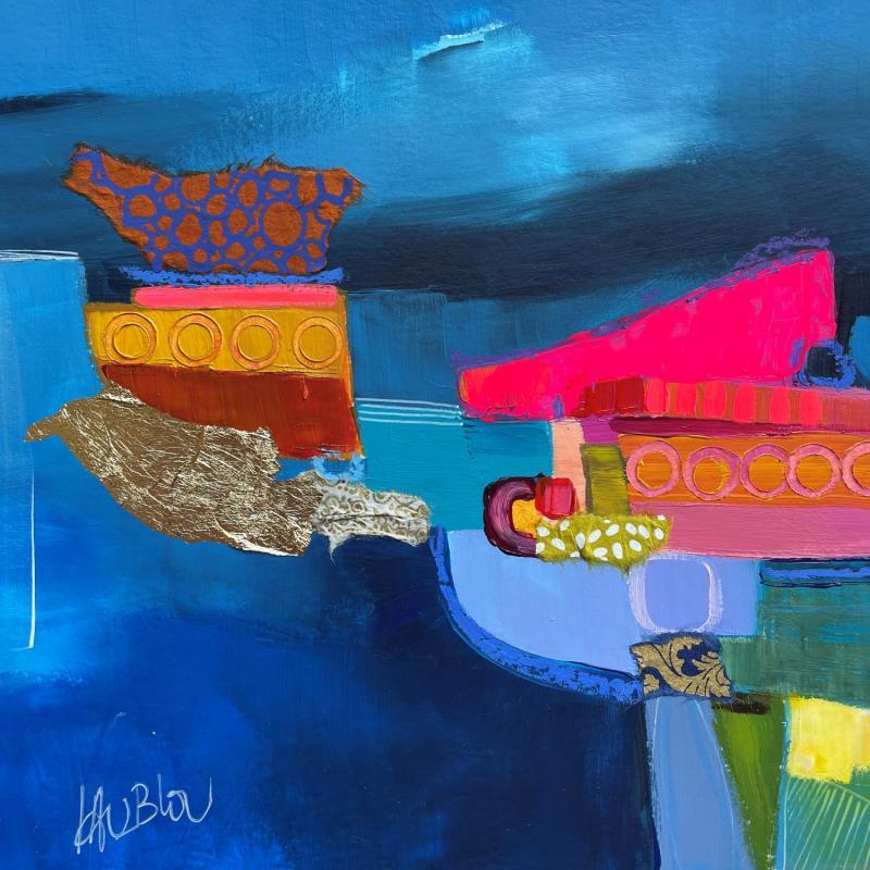 Painting Les refuges aux hublots by Lau Blou | Painting Abstract Landscapes Acrylic Gluing Pastel Gold leaf