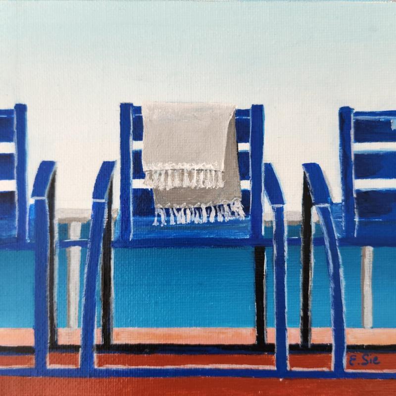 Gemälde La serviette de la chaise bleue von Sie Evelyne | Gemälde Figurativ Alltagsszenen Acryl