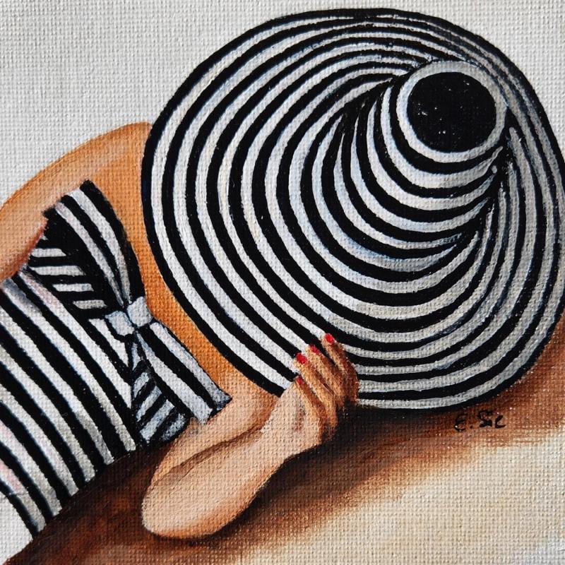Gemälde Chapeau rayé noir von Sie Evelyne | Gemälde Figurativ Alltagsszenen Acryl