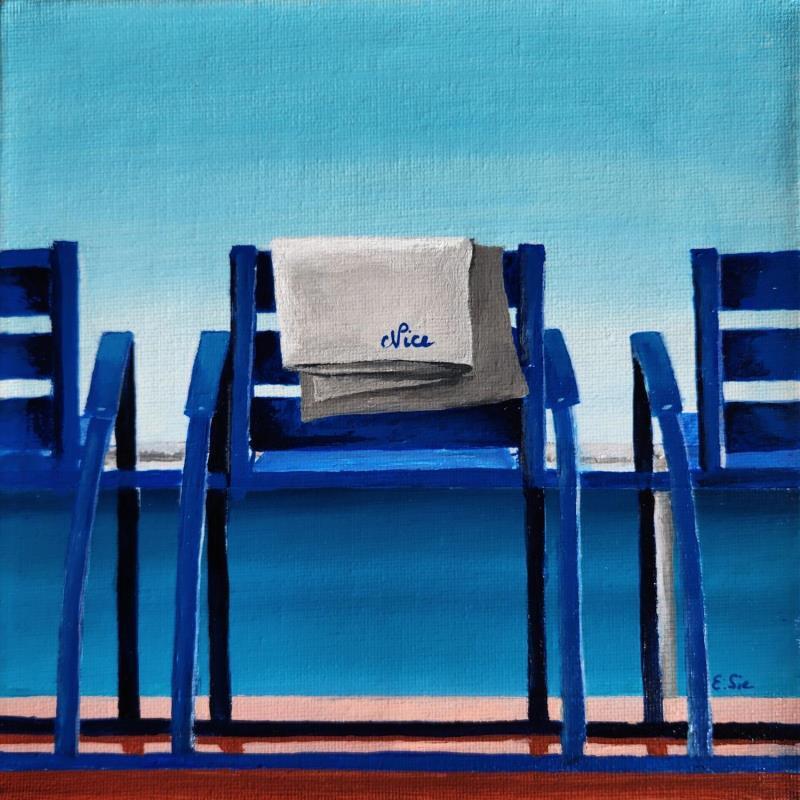 Peinture Serviette Nice pour chaise bleue par Sie Evelyne | Tableau Figuratif Scènes de vie Acrylique