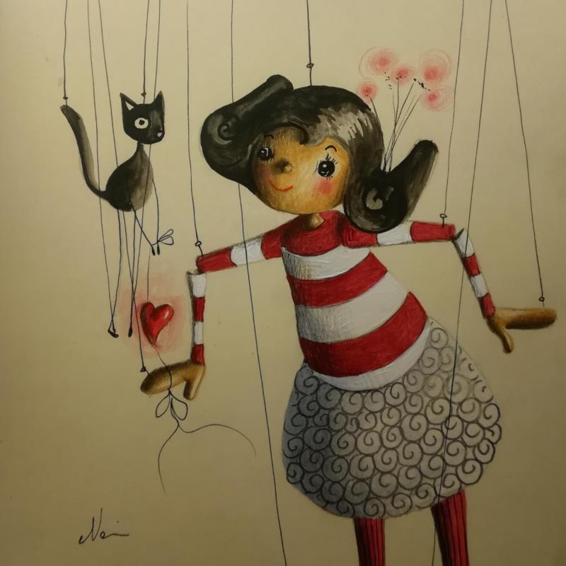 Peinture Mi ci voleva proprio una gattina par Nai | Tableau Surréalisme Scènes de vie Animaux Enfant Acrylique Collage