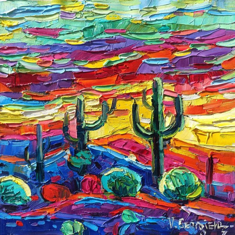 Painting Sunset on cactus by Georgieva Vanya | Painting Figurative Oil Landscapes