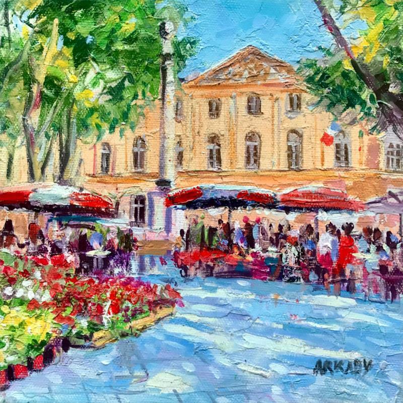 Peinture Marché aux fleurs sur la place de l’hôtel de ville par Arkady | Tableau Figuratif Huile