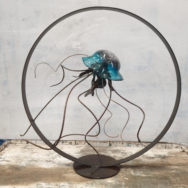 Sculpture méduse bleu aqua XL by Eres Nicolas | Sculpture Figurative Animals Metal