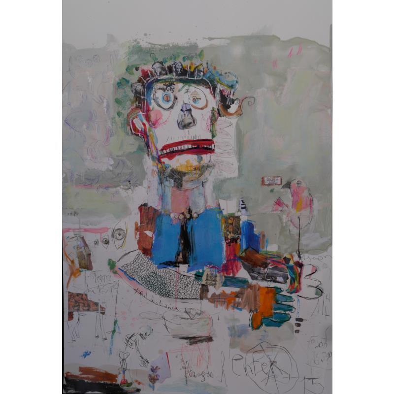 Gemälde Bavardage avec l'oiseau von De Sousa Miguel | Gemälde Art brut Acryl, Collage, Öl, Papier, Pappe Kinder, Porträt, Tiere