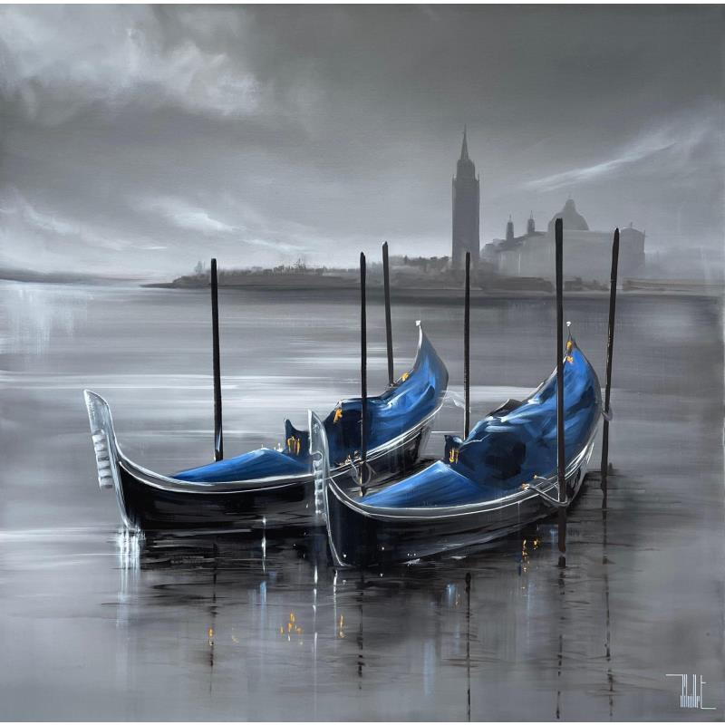 Painting Sur la lagune endormie by Guillet Jerome | Painting Figurative Landscapes Marine Black & White Oil